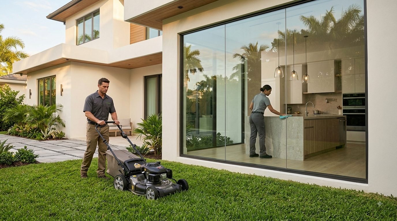 Lawn care outside and home cleaning inside, at the same South Florida property